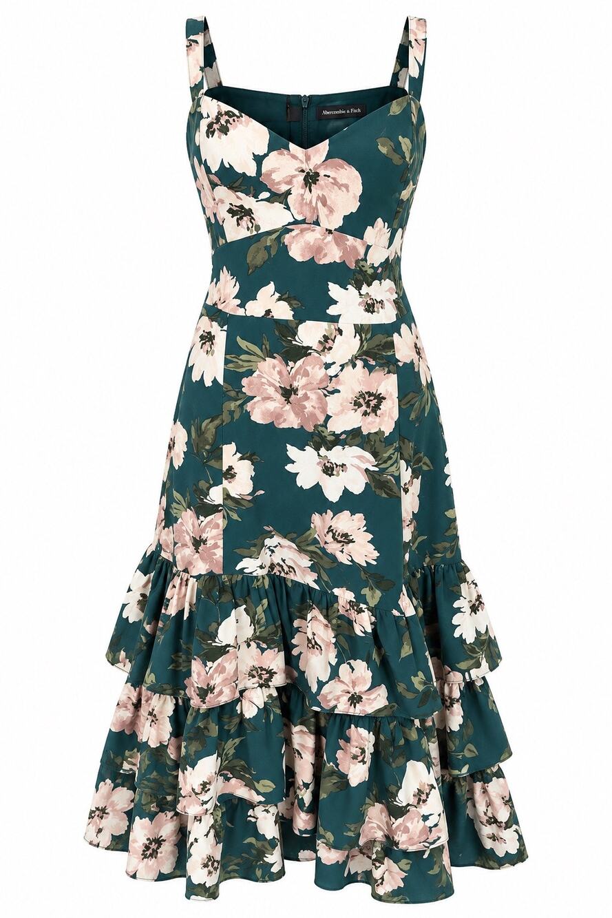 Abercrombie & Fitch Floral Midi Dress Green Pink Sweetheart Neck Tiered Hem LG